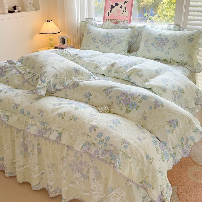 91家纺网 家纺一手货源 找家纺 宜凡家纺 2025新款全棉蕾丝花边床裙三件套 午后时光