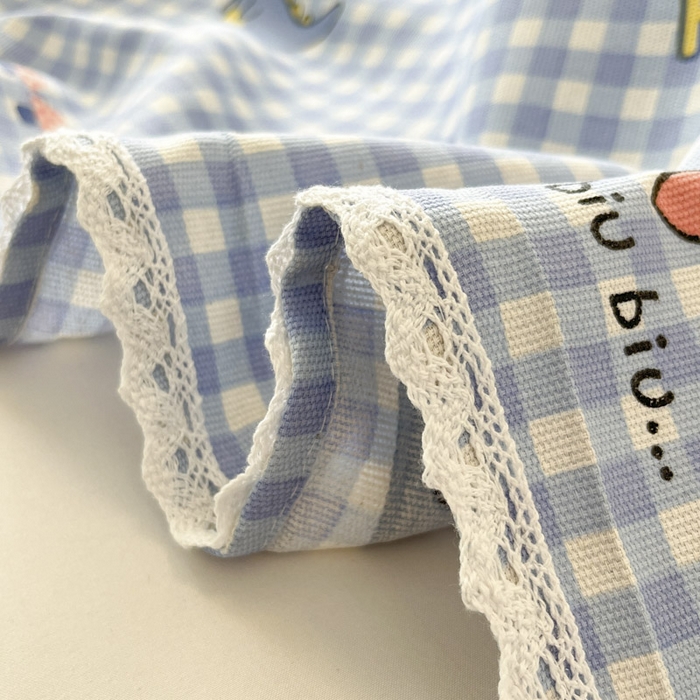 91家纺网 家纺一手货源 找家纺 新印象  2025新款花边老粗布床单款床笠款三件套蓝色小恐龙