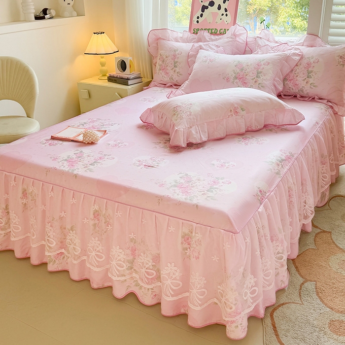 91家纺网 家纺一手货源 找家纺 宜凡家纺 2025新款全棉蕾丝花边床裙三件套 弥花集