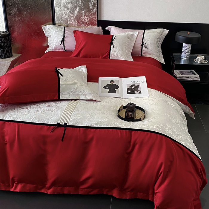 91家纺网 家纺一手货源 找家纺 优悦生活馆 2025年新款工艺款冰丝浮雕拼接四件套 璀璨之恋-红