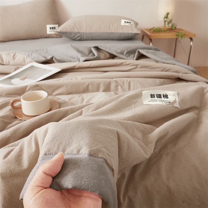 91家纺网 家纺一手货源 找家纺 2025新款A类里外全棉夏凉被100%新疆棉纯棉全棉填充无印格子款空调被原棉夏被 里外全棉-双拼咖