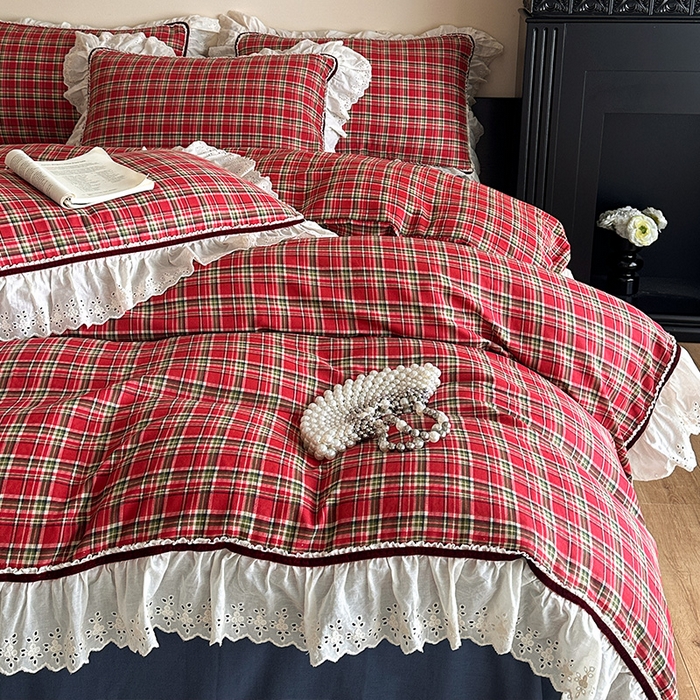 91家纺网 家纺一手货源 找家纺 蓝邻家纺 2025春夏新款全棉纯棉复古双层纱花边织带款四件套 清格