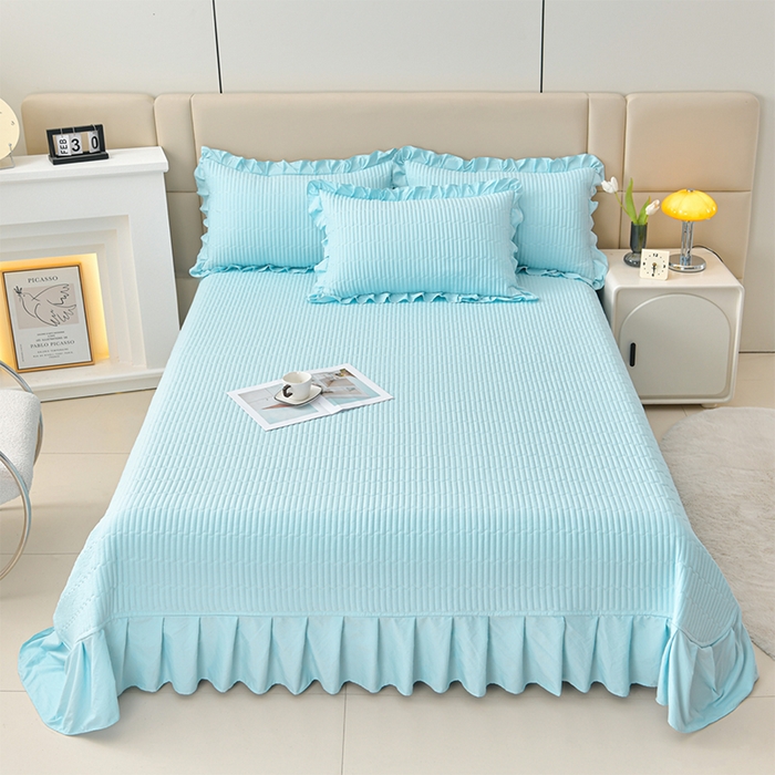 91家纺网 家纺一手货源 找家纺 星窝家纺 2025新款水洗棉花边床裙式多功能床盖三件套 经典蓝色