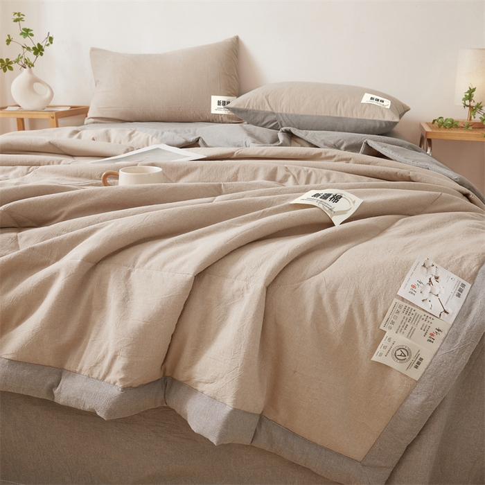 91家纺网 家纺一手货源 找家纺 2025新款A类里外全棉夏凉被100%新疆棉纯棉全棉填充无印格子款空调被原棉夏被 里外全棉-双拼咖