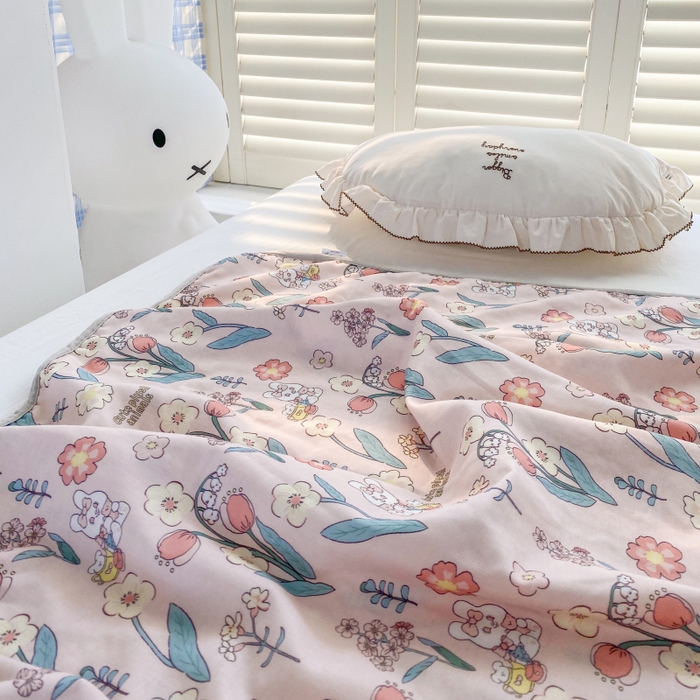 91家纺网 家纺一手货源 找家纺 潮邦 2025新款全棉双层纱多功能盖毯 心怡粉