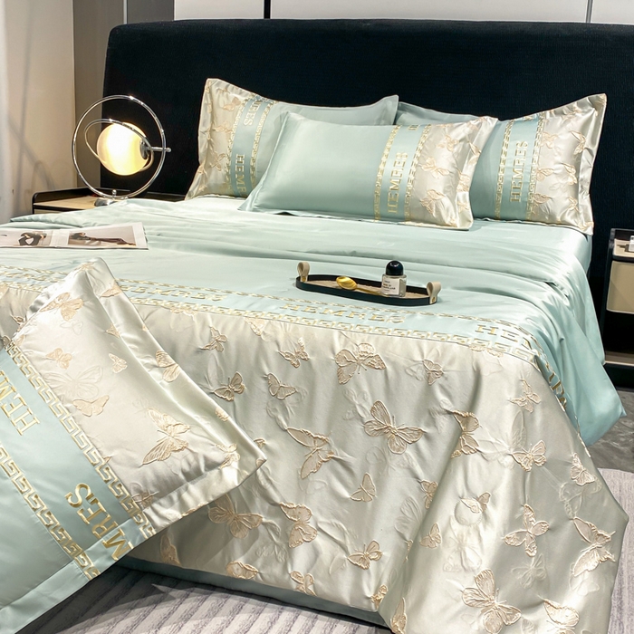 91家纺网 家纺一手货源 找家纺 子曰 2025新款金丝提花浮雕刺绣水洗真丝夏被四件套夏凉被空调被 醉蝴蝶-绿