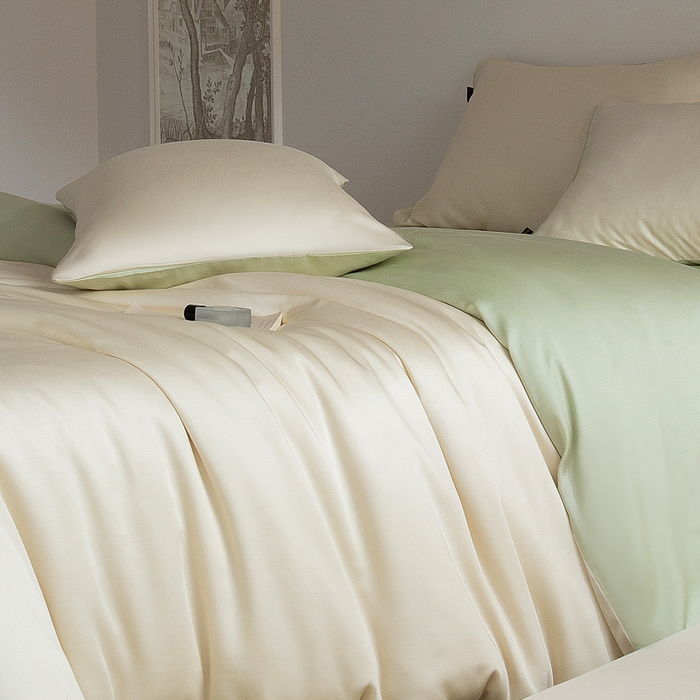 91家纺网 家纺一手货源 找家纺 云栖家居 202560支兰精天丝纯拼色四件套 牛油果绿