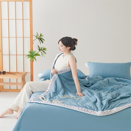西域种棉人·千百笠 2025新款A类100%新疆棉花夏凉被纯棉全棉填充毛巾绣绣花纯色双拼原棉空调被夏被 千寻牛仔蓝