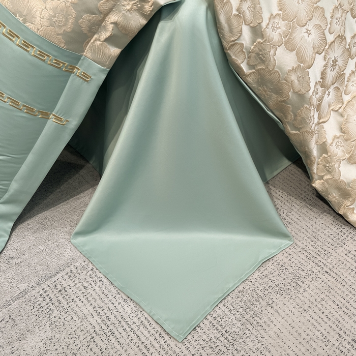 91家纺网 家纺一手货源 找家纺 米彩家纺 2025新款A类水洗真丝金丝浮雕提花绣花四件套 桃花-水绿