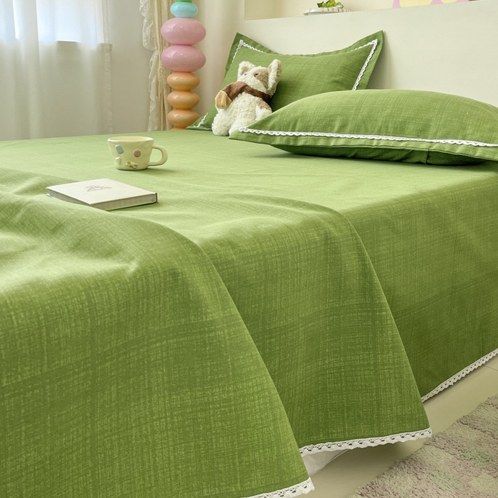 91家纺网 家纺一手货源 找家纺 新印象  2025新款花边老粗布床单款床笠款三件套倾城-绿