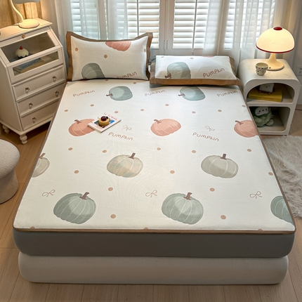 花言狐语 2025新款真冰藤印花床笠款凉席 南瓜