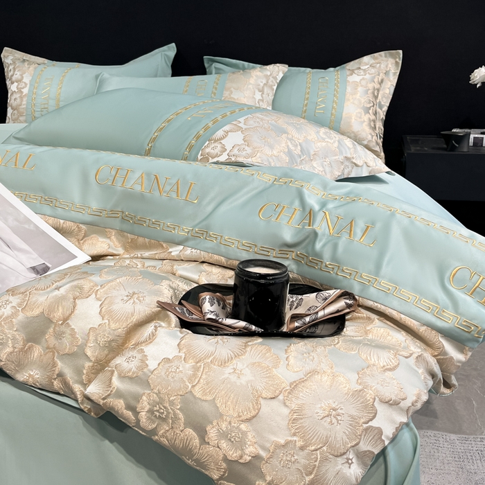 91家纺网 家纺一手货源 找家纺 米彩家纺 2025新款A类水洗真丝金丝浮雕提花绣花四件套 桃花-水绿