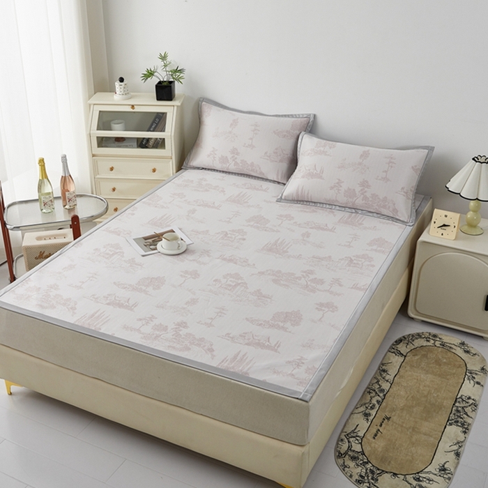 91家纺网 家纺一手货源 找家纺 曲宿家纺 2025新款A类高分子色织提花软凉席系列 山涧-粉