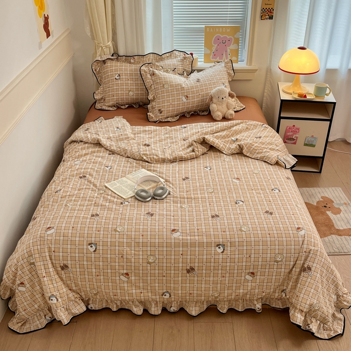 91家纺网 家纺一手货源 找家纺 欧尚 2025新款细黑边夏被床单床盖三件套 呆萌狗