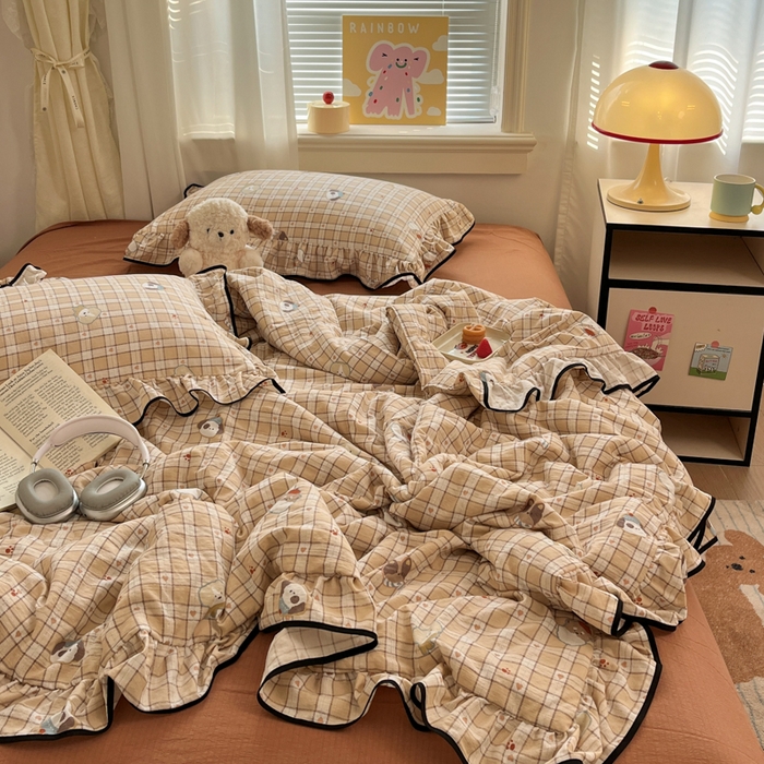 91家纺网 家纺一手货源 找家纺 欧尚 2025新款细黑边夏被床单床盖三件套 呆萌狗