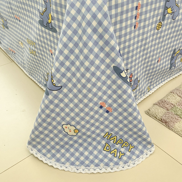 91家纺网 家纺一手货源 找家纺 新印象  2025新款花边老粗布床单款床笠款三件套蓝色小恐龙