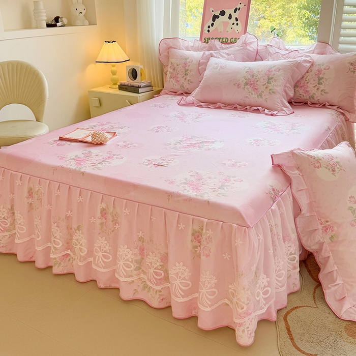 91家纺网 家纺一手货源 找家纺 宜凡家纺 2025新款全棉蕾丝花边床裙三件套 弥花集