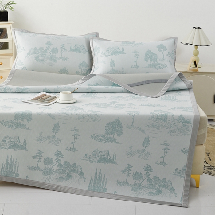 91家纺网 家纺一手货源 找家纺 曲宿家纺 2025新款A类高分子色织提花软凉席系列 山涧-湖蓝