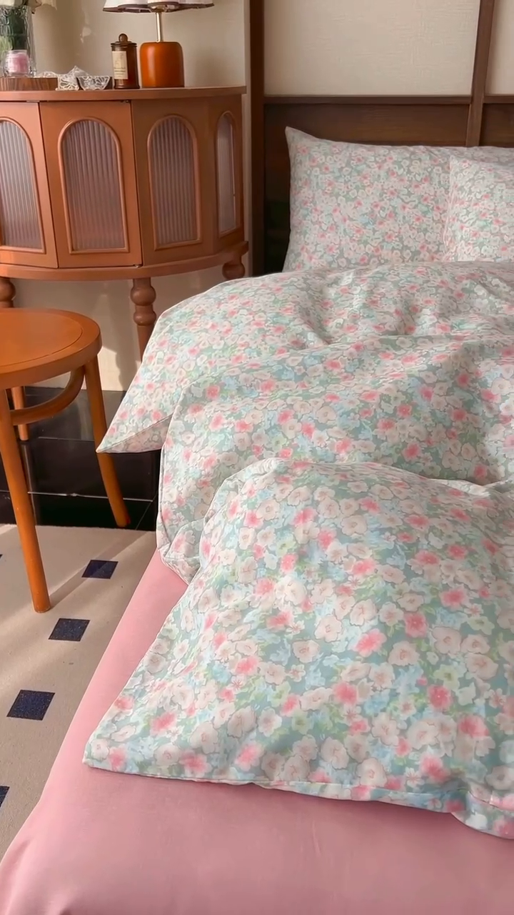 91家纺网 家纺一手货源 找家纺 优品阁  2025新款A类全棉有氧双层纱四件套 庭花香