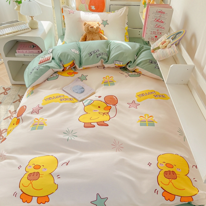 91家纺网 家纺一手货源 找家纺 悦织湾家纺 2025新款印花学生宿舍亲肤芦荟棉三件套单双人四件套轻奢印花磨毛床上用品 开心鸭