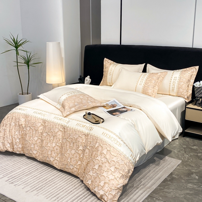 91家纺网 家纺一手货源 找家纺 子曰 2025新款金丝提花浮雕刺绣水洗真丝四件套 花开朵朵-米白