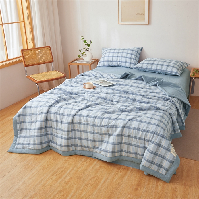 91家纺网 家纺一手货源 找家纺 2025新款A类里外全棉夏凉被100%新疆棉纯棉全棉填充无印格子款空调被原棉夏被 里外全棉-森蓝格