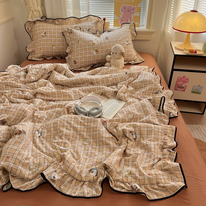 91家纺网 家纺一手货源 找家纺 欧尚 2025新款细黑边夏被床单床盖三件套 呆萌狗