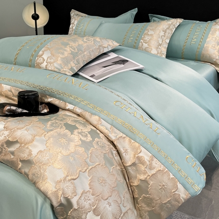 米彩家纺 2025新款A类水洗真丝金丝浮雕提花绣花四件套 桃花-水绿