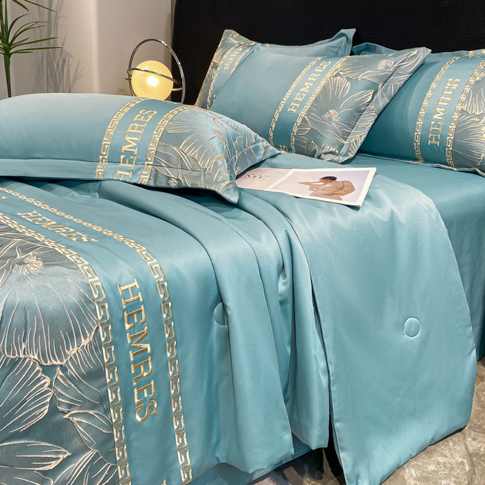 91家纺网 家纺一手货源 找家纺 子曰 2025新款金丝提花浮雕刺绣水洗真丝夏被四件套夏凉被空调被 花语-蓝