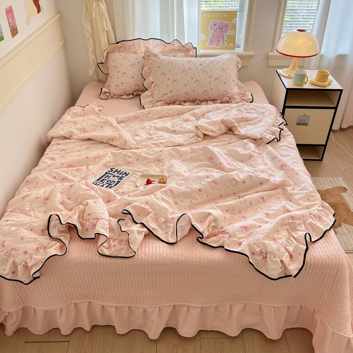 91家纺网 家纺一手货源 找家纺 欧尚 2025新款细黑边夏被床单床盖三件套 粉蒂