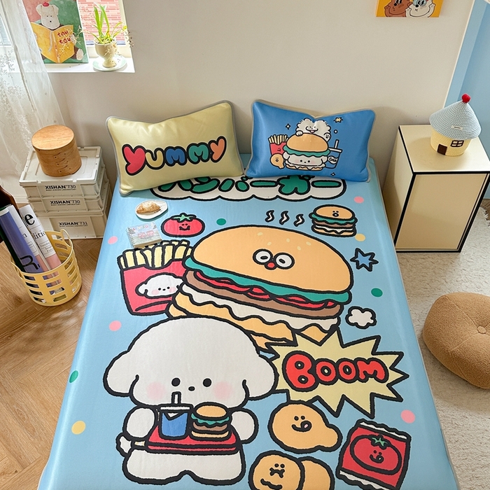 91家纺网 家纺一手货源 找家纺 美乐迪家纺 2025新款碳光凉感冰丝席 汉堡小狗