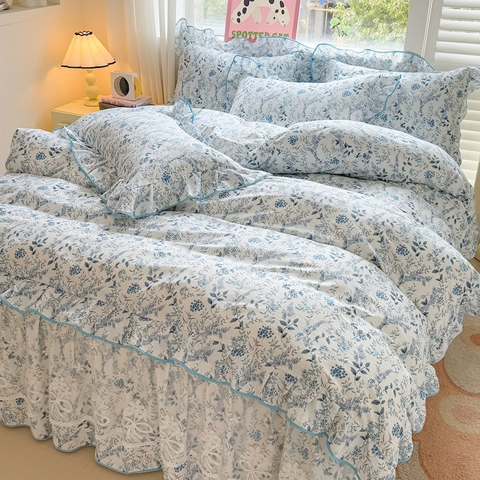 91家纺网 家纺一手货源 找家纺 宜凡家纺 2025新款全棉蕾丝花边床裙三件套 花香浮梦