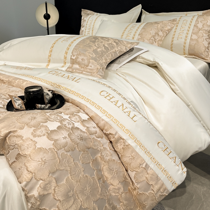 91家纺网 家纺一手货源 找家纺 米彩家纺 2025新款A类水洗真丝金丝浮雕提花绣花四件套 桃花-奶白