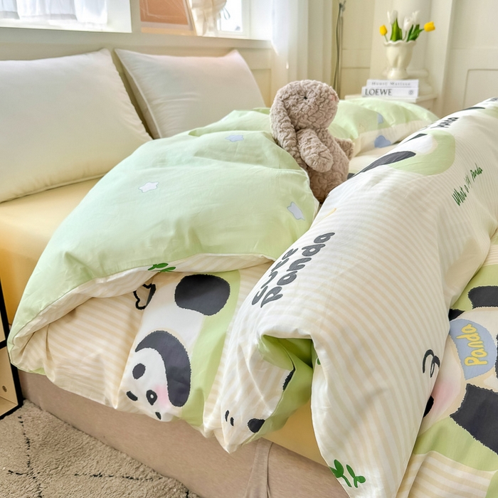 91家纺网 家纺一手货源 找家纺 红粉佳人家纺 2025春夏新款A类全棉纯棉12868纯棉单被套 绿格熊猫