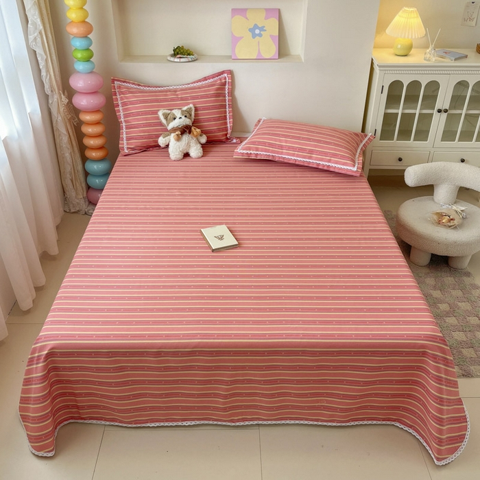 91家纺网 家纺一手货源 找家纺 新印象  2025新款花边老粗布床单款床笠款三件套细条纹-红