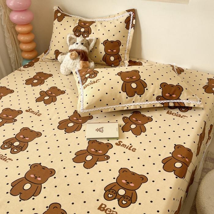 91家纺网 家纺一手货源 找家纺 新印象  2025新款花边老粗布床单款床笠款三件套小熊软糖