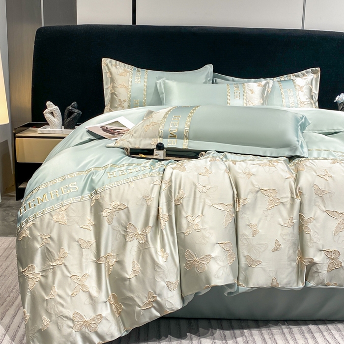 91家纺网 家纺一手货源 找家纺 子曰 2025新款金丝提花浮雕刺绣水洗真丝四件套 醉蝴蝶-绿