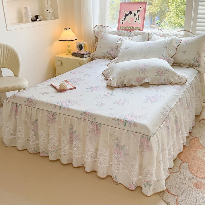 91家纺网 家纺一手货源 找家纺 宜凡家纺 2025新款全棉蕾丝花边床裙三件套 楼兰梦屿