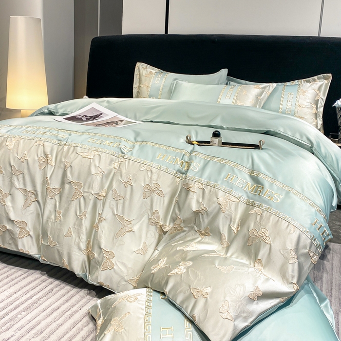 91家纺网 家纺一手货源 找家纺 子曰 2025新款金丝提花浮雕刺绣水洗真丝四件套 醉蝴蝶-绿