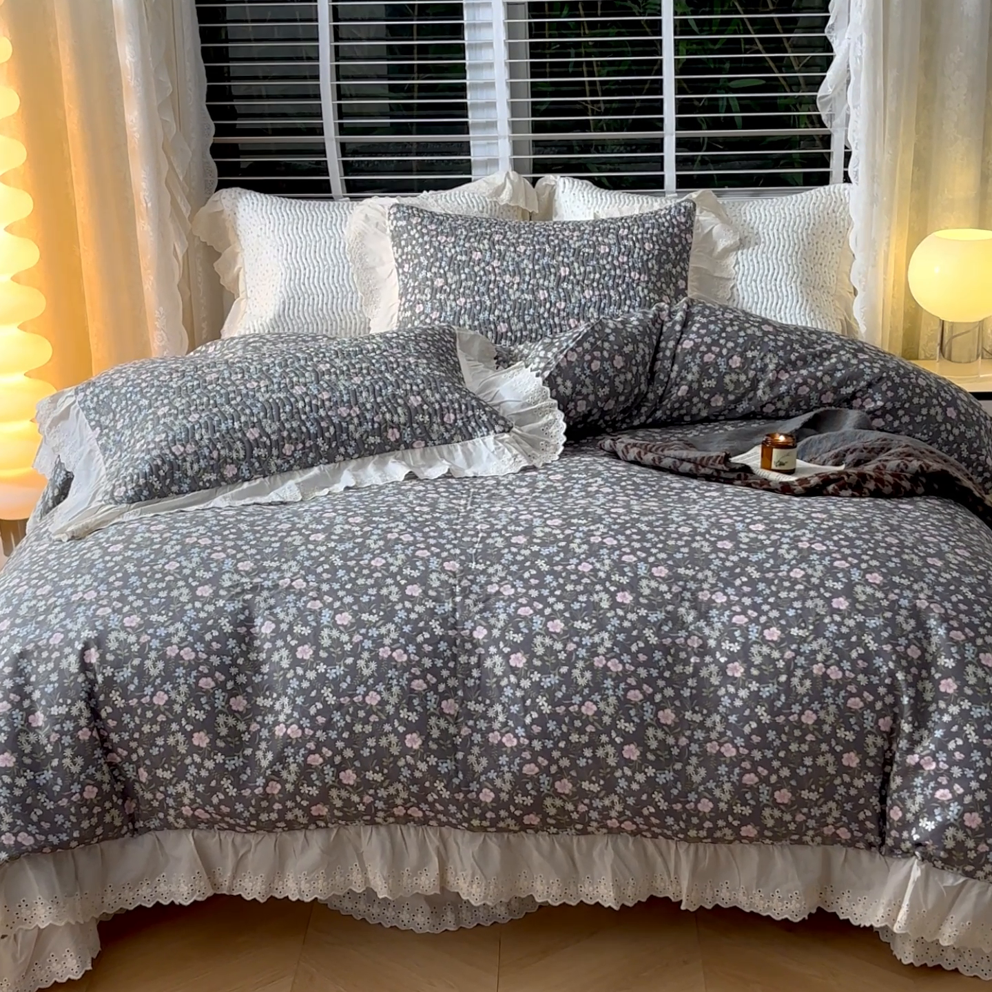 91家纺网 家纺一手货源 找家纺 X猫先生 2025新款法式全棉双层纱床盖套件夹棉床单三四件套（A类母婴级） 朵蔓