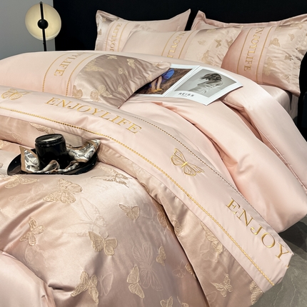 米彩家纺 2025新款A类水洗真丝金丝浮雕提花绣花四件套 富蝶-粉玉