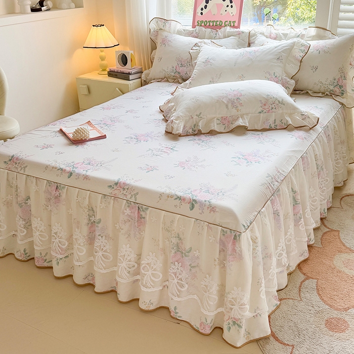 91家纺网 家纺一手货源 找家纺 宜凡家纺 2025新款全棉蕾丝花边床裙三件套 楼兰梦屿