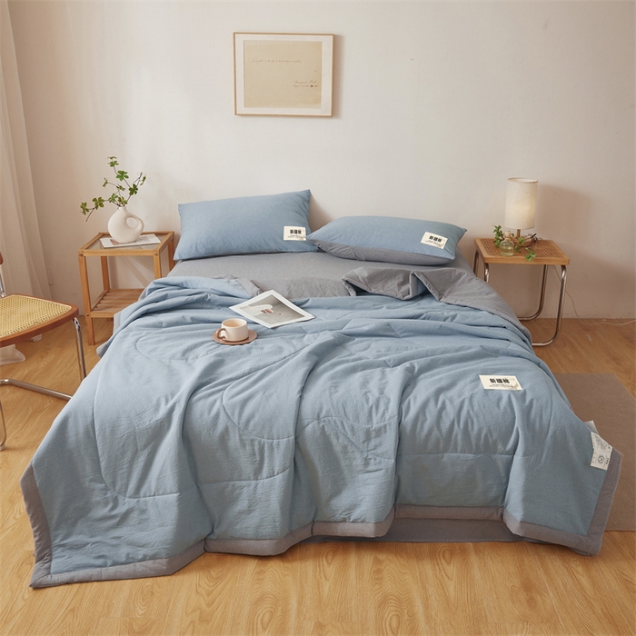 91家纺网 家纺一手货源 找家纺 2025新款A类里外全棉夏凉被100%新疆棉纯棉全棉填充无印格子款空调被原棉夏被 里外全棉-双拼浅蓝