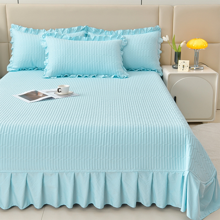 91家纺网 家纺一手货源 找家纺 星窝家纺 2025新款水洗棉花边床裙式多功能床盖三件套 经典蓝色