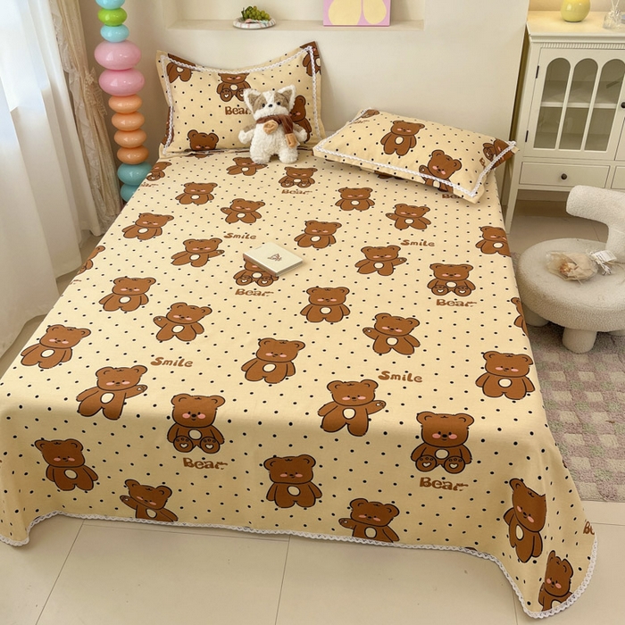 91家纺网 家纺一手货源 找家纺 新印象  2025新款花边老粗布床单款床笠款三件套小熊软糖