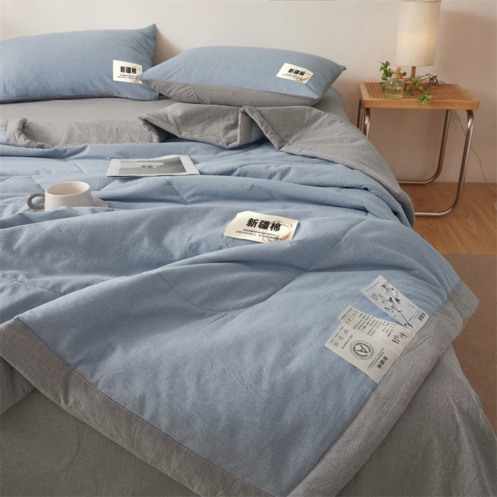 91家纺网 家纺一手货源 找家纺 2025新款A类里外全棉夏凉被100%新疆棉纯棉全棉填充无印格子款空调被原棉夏被 里外全棉-双拼浅蓝