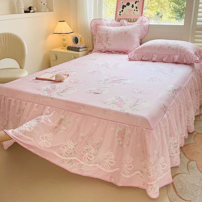 91家纺网 家纺一手货源 找家纺 宜凡家纺 2025新款全棉蕾丝花边床裙三件套 弥花集