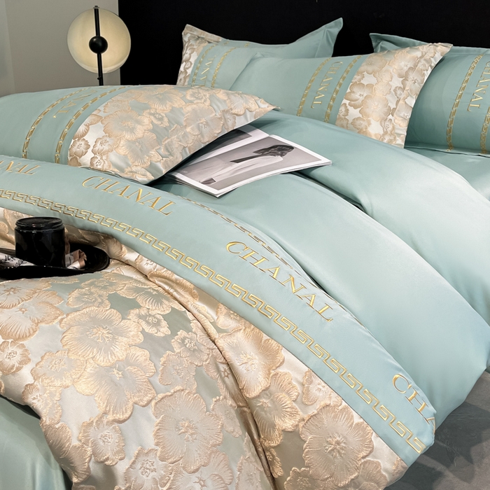 91家纺网 家纺一手货源 找家纺 米彩家纺 2025新款A类水洗真丝金丝浮雕提花绣花四件套 桃花-水绿