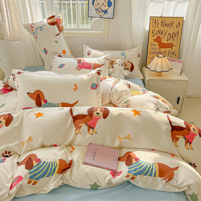 91家纺网 家纺一手货源 找家纺 悦织湾家纺 2025新款亲肤芦荟棉四件套轻奢印花磨毛床上用品亲肤棉四件套 腊肠派对