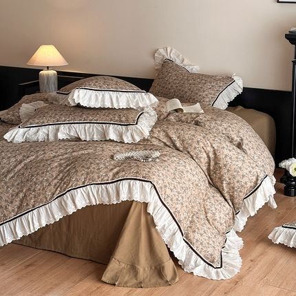 蓝邻家纺 2025春夏新款全棉纯棉复古双层纱花边织带款四件套 漫步花丛